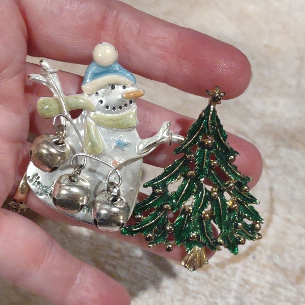Set of 2 Christmas Tree and Snowman Brooches Pins.  J2